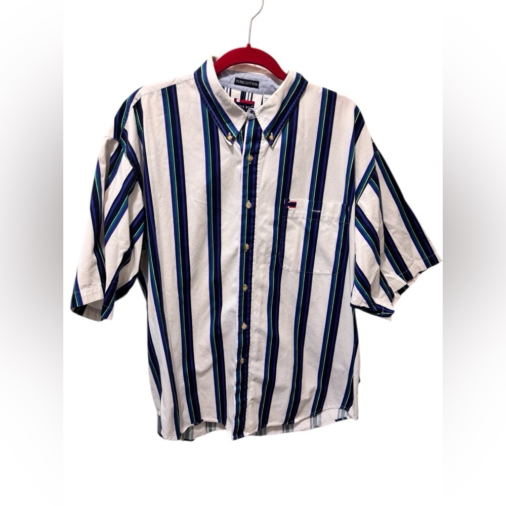 VTG Bugle Boy Classics Pure Cotton Striped SS Casual Shirt XXL Navy Green White